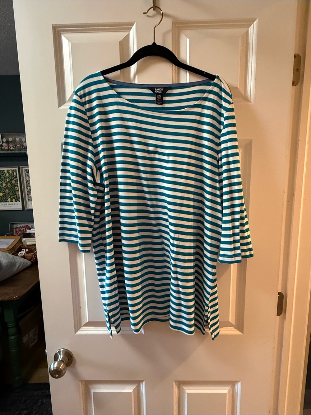 Lands' End Teal and White Striped Boatneck Top